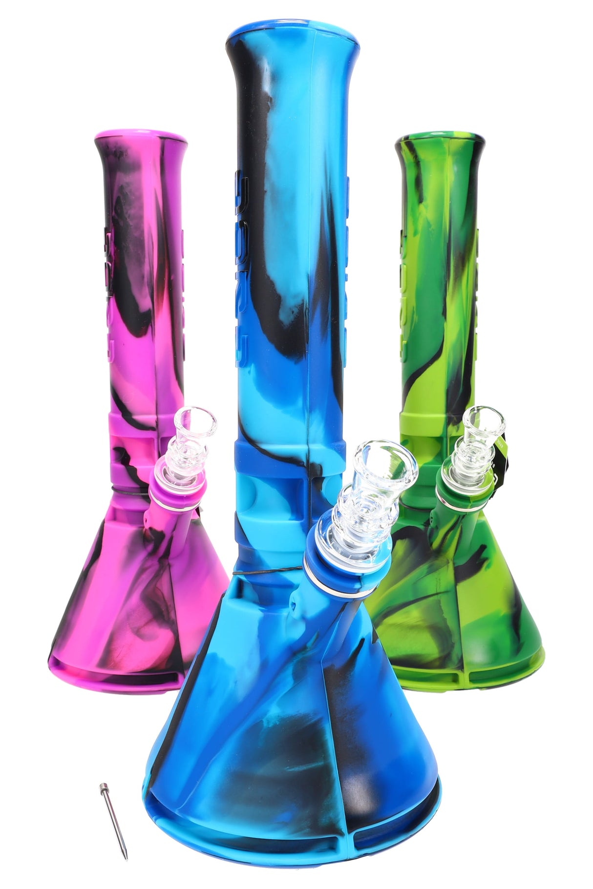 Three 12-inch Eyce silicone beaker bongs in blue, pink, and green swirls with clear glass herb bowls on white background.