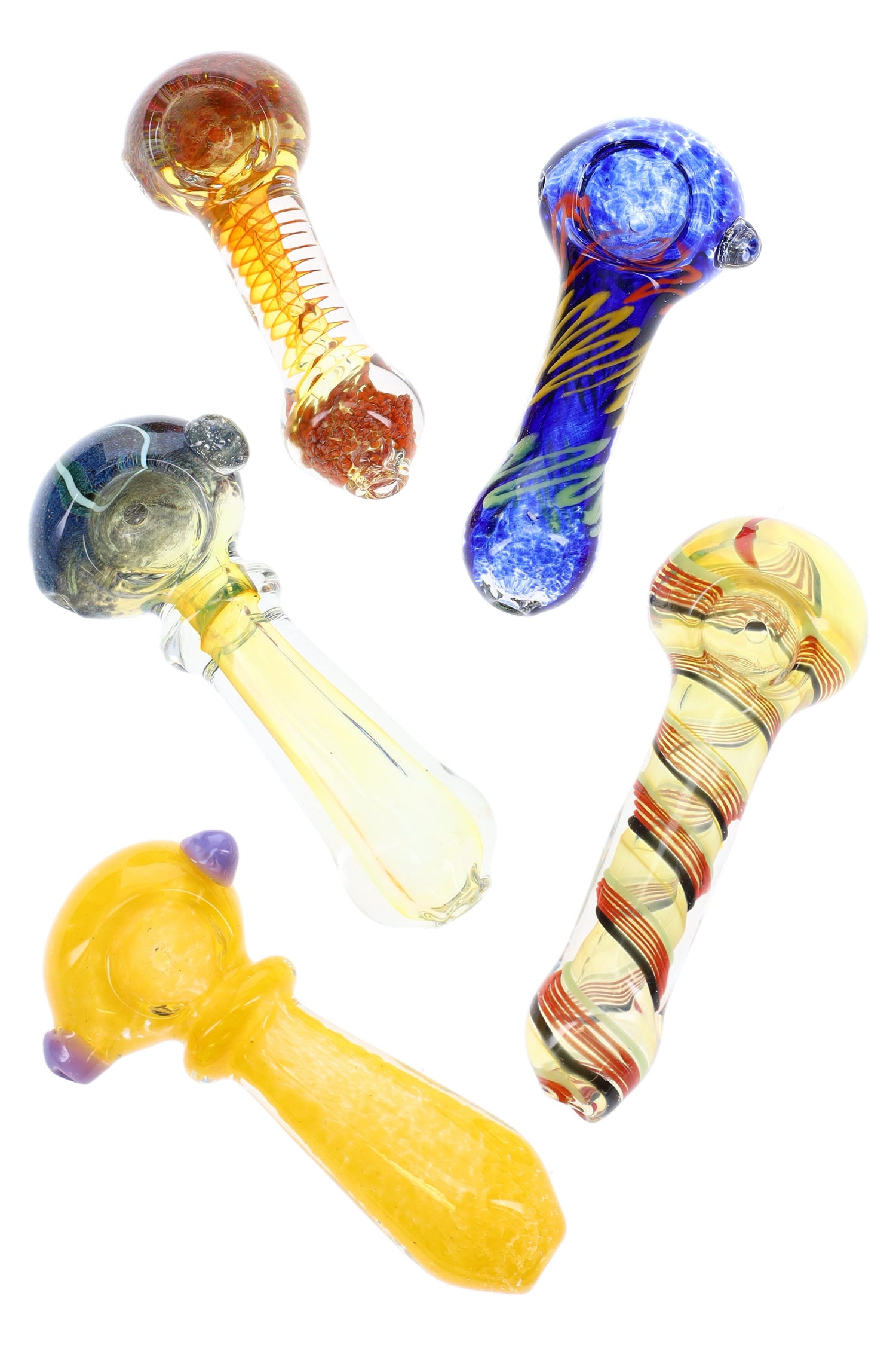 Set of five 4–4.5 inch borosilicate glass spoon pipes with mixed swirl, ribbon, and frit designs and side carbs, shown in assorted colors.