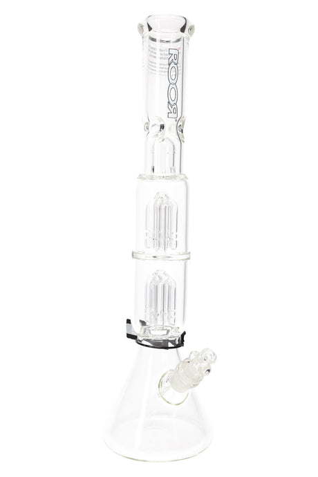 ROOR Tech 17-inch beaker bong with stacked double tree percs, clear borosilicate body, glass-on-glass joint, and matching bowl on white background.