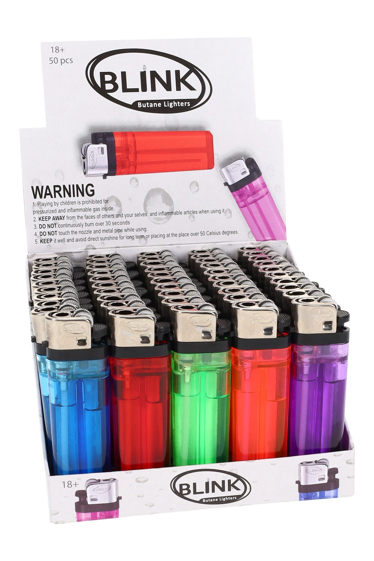 Blink butane lighter display with 50 disposable lighters in clear neon assorted colors arranged in a countertop box.