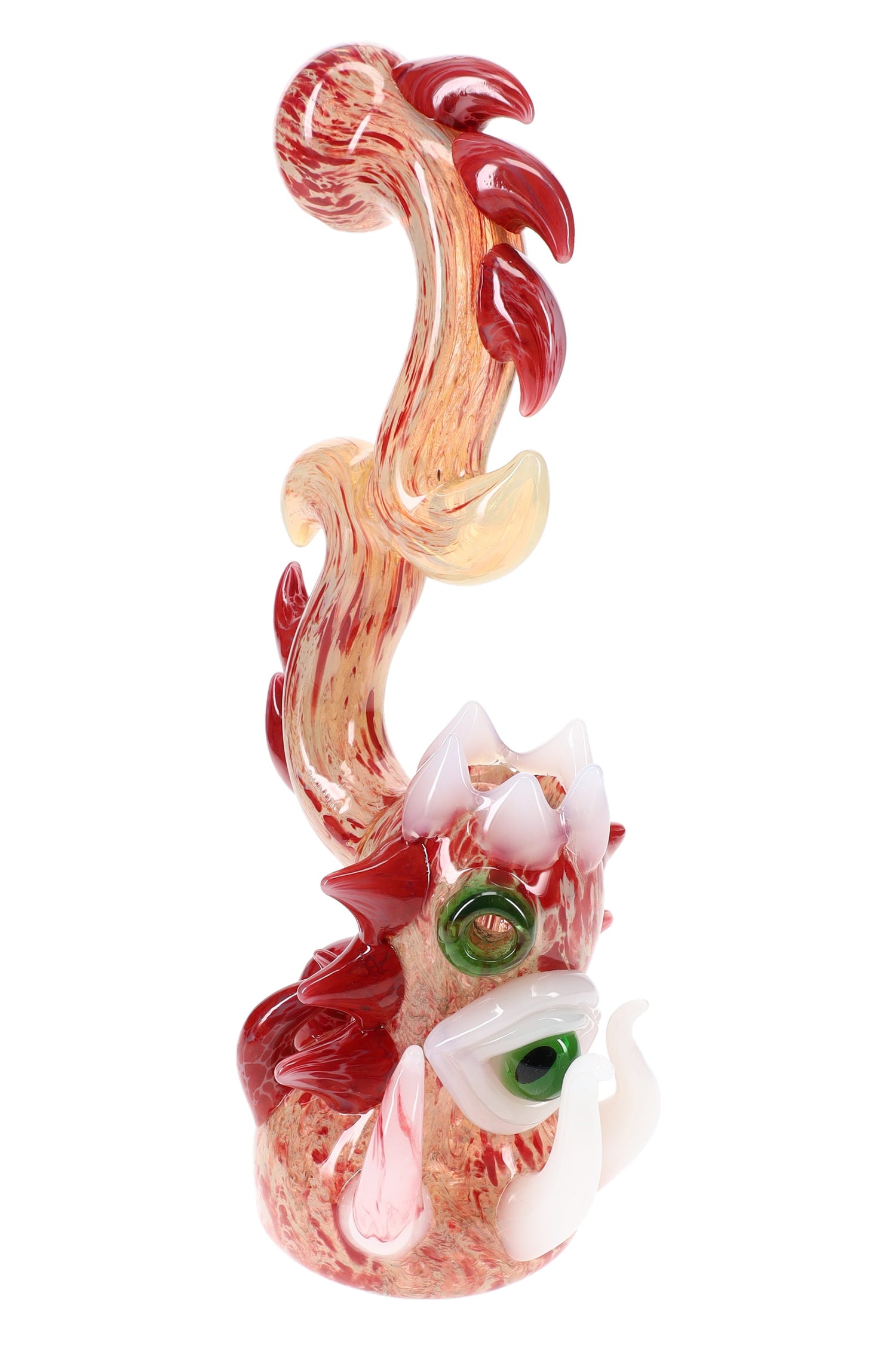 Red and cream silver-fumed sherlock bubbler with sculpted spikes and a large green glass eyeball accent, about 9″ tall on white background.