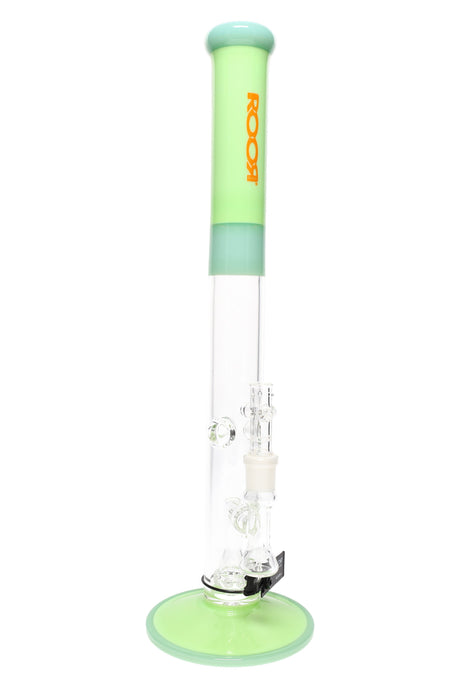 ROOR Tech 18-inch straight shooter bong, pastel green color accents with ROOR logo, showerhead perc and glass bowl.