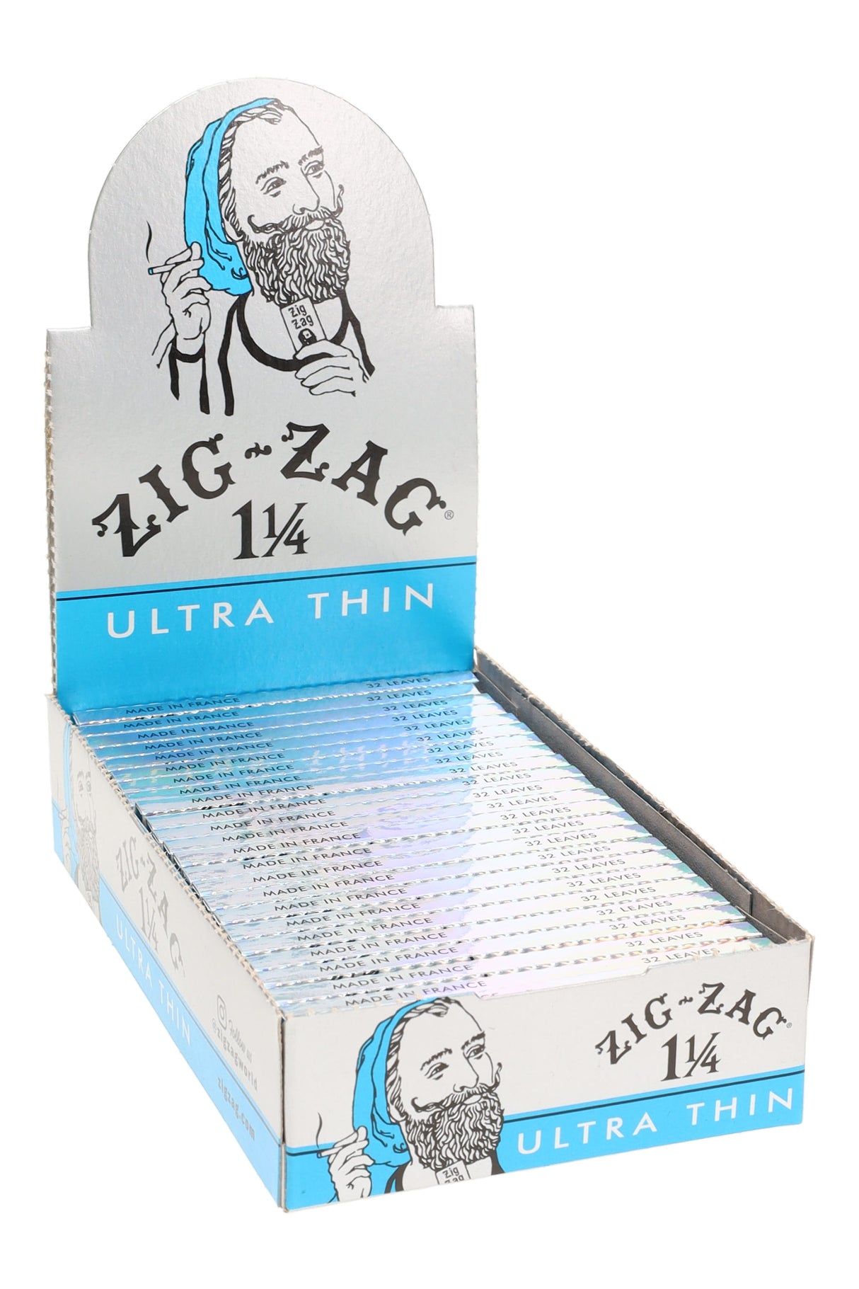 Counter display of Zig-Zag Ultra Thin 1¼ rolling papers, 24 booklets in silver and blue packaging, made in France.