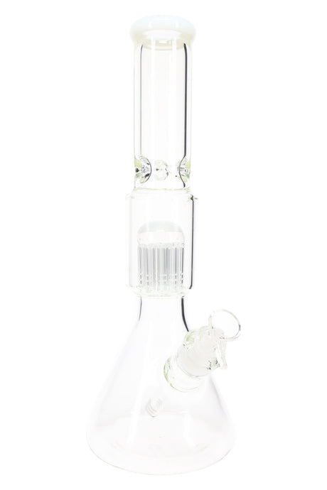 All-clear beaker water pipe showing domed tree perc and ice pinches on cylindrical neck above the beaker base.