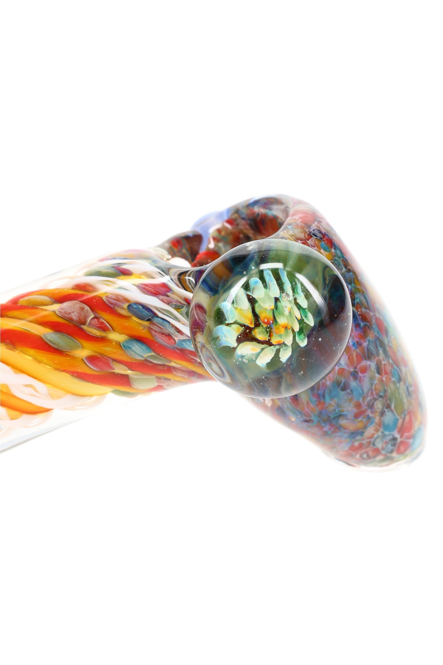 Closeup of 4½″ silver-fumed frit glass hammer pipe showing multicolor spiral stem and a raised floral marble accent near the bowl.