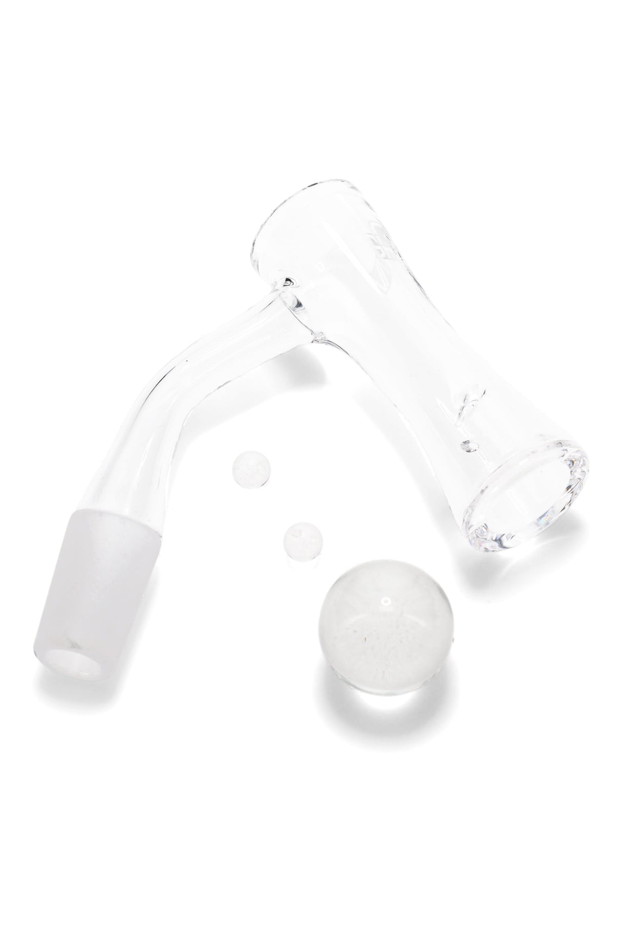 GRAV hourglass quartz banger with frosted joint shown with clear marble carb cap and two pearls for smooth, circulating airflow.