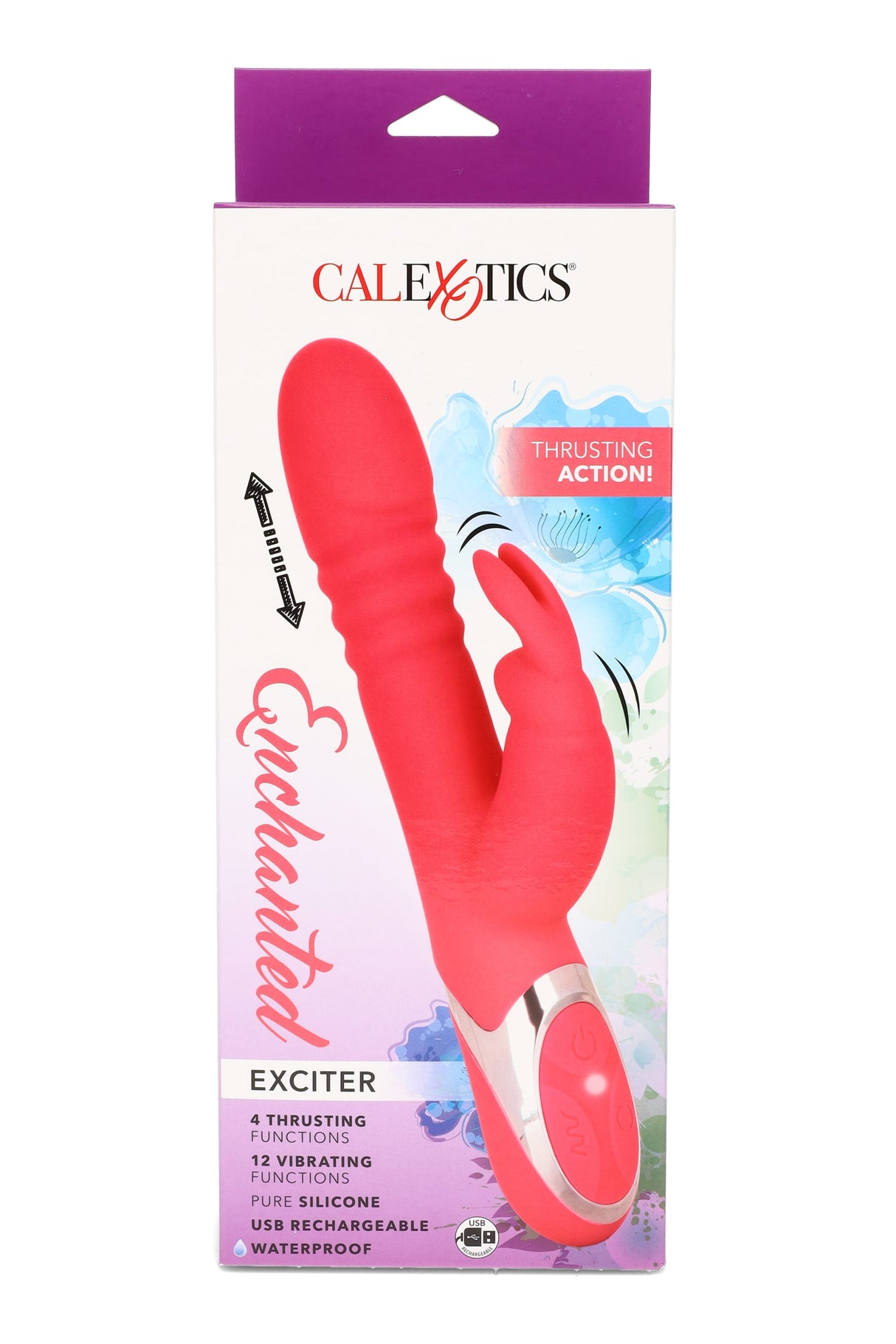 Enchanted Exciter rabbit vibrator box front showing pink silicone thrusting toy, USB rechargeable and waterproof icons