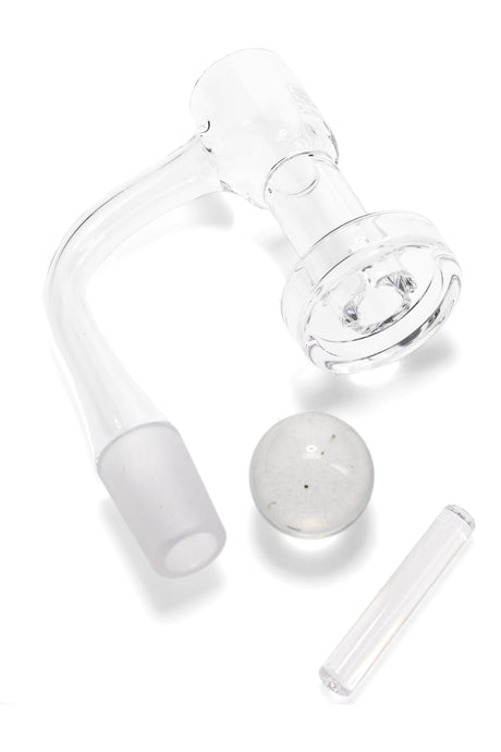GRAV quartz slurper bucket set with ground joint, clear marble cap, and quartz pillar for circulating airflow and flavorful low-temp dabs.