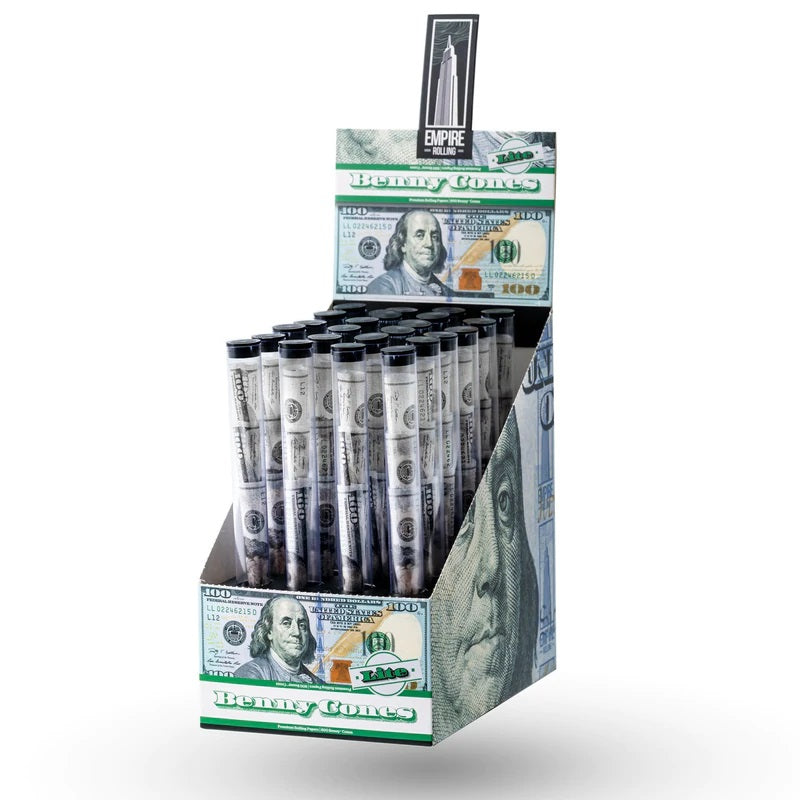 Individual resealable tube containing three Empire Rolling Benny pre-rolled cones with money print, capped end visible.