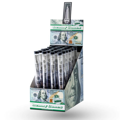 Individual resealable tube containing three Empire Rolling Benny pre-rolled cones with money print, capped end visible.