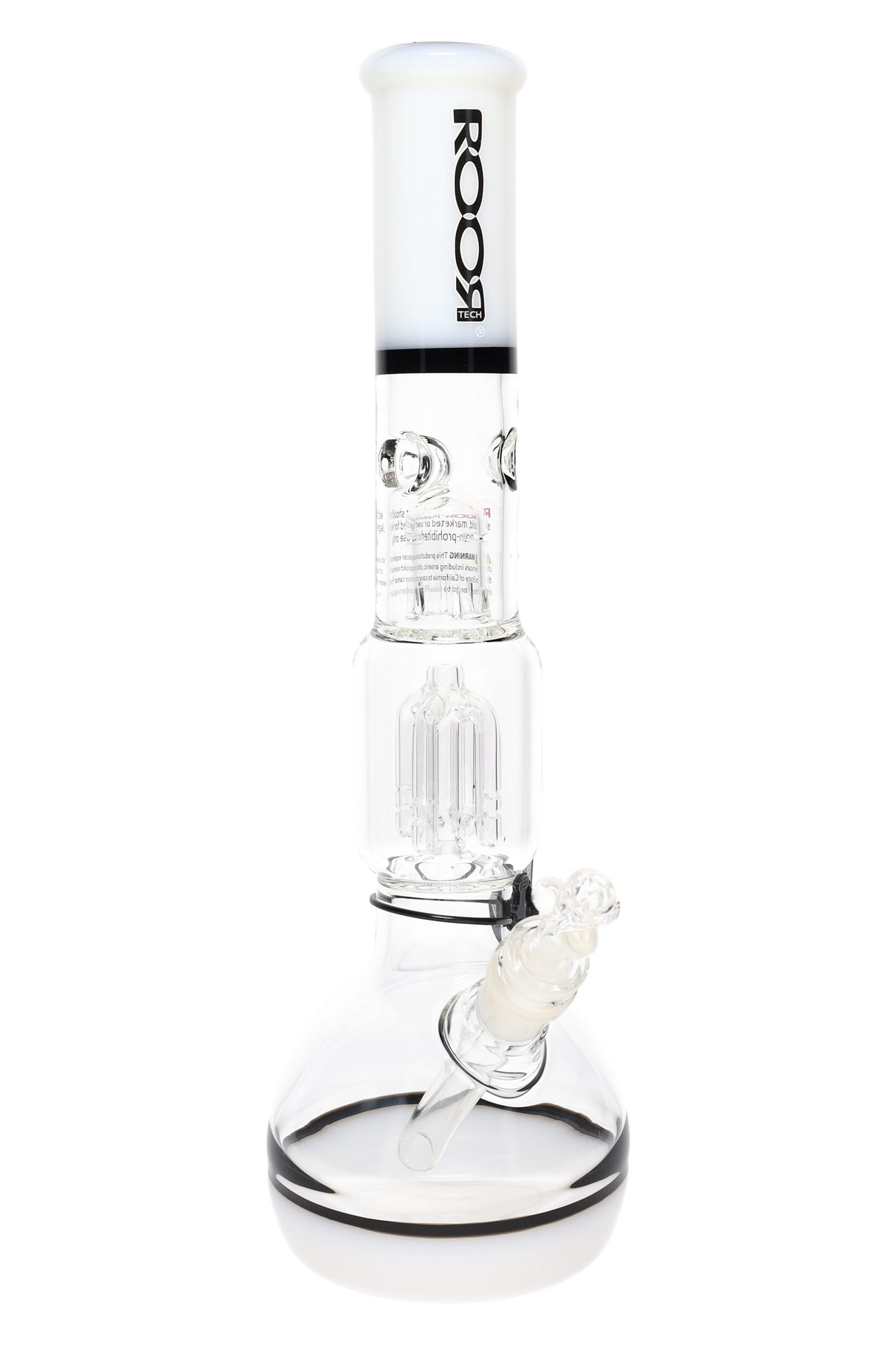 White/black-accent ROOR Tech 14-inch bubble base bong with tree perc, glass-on-glass downstem and bowl.