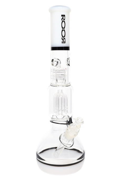 White/black-accent ROOR Tech 14-inch bubble base bong with tree perc, glass-on-glass downstem and bowl.