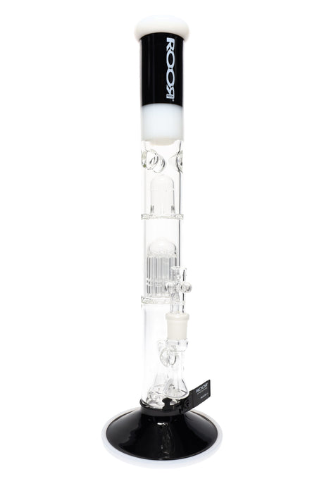 ROOR Tech 18″ straight tube bong with stemless 18.8 mm joint, dome, 10-arm tree and showerhead percs, ice pinch, black-and-white mouthpiece and base.