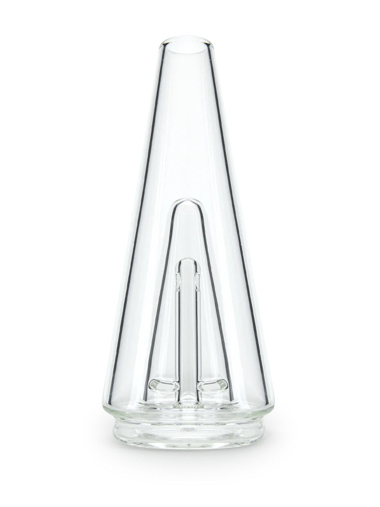 Front view of Puffco Peak Glass 2.0 clear replacement glass, tall conical shape and downstem, designed to fit a Puffco Peak base.