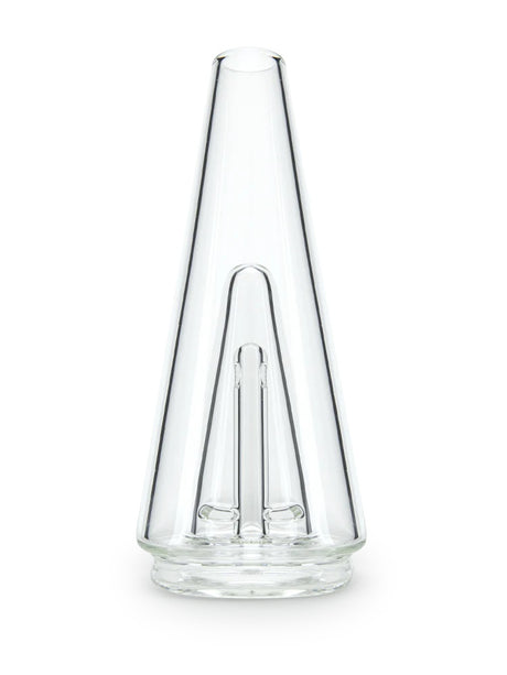 Front view of Puffco Peak Glass 2.0 clear replacement glass, tall conical shape and downstem, designed to fit a Puffco Peak base.