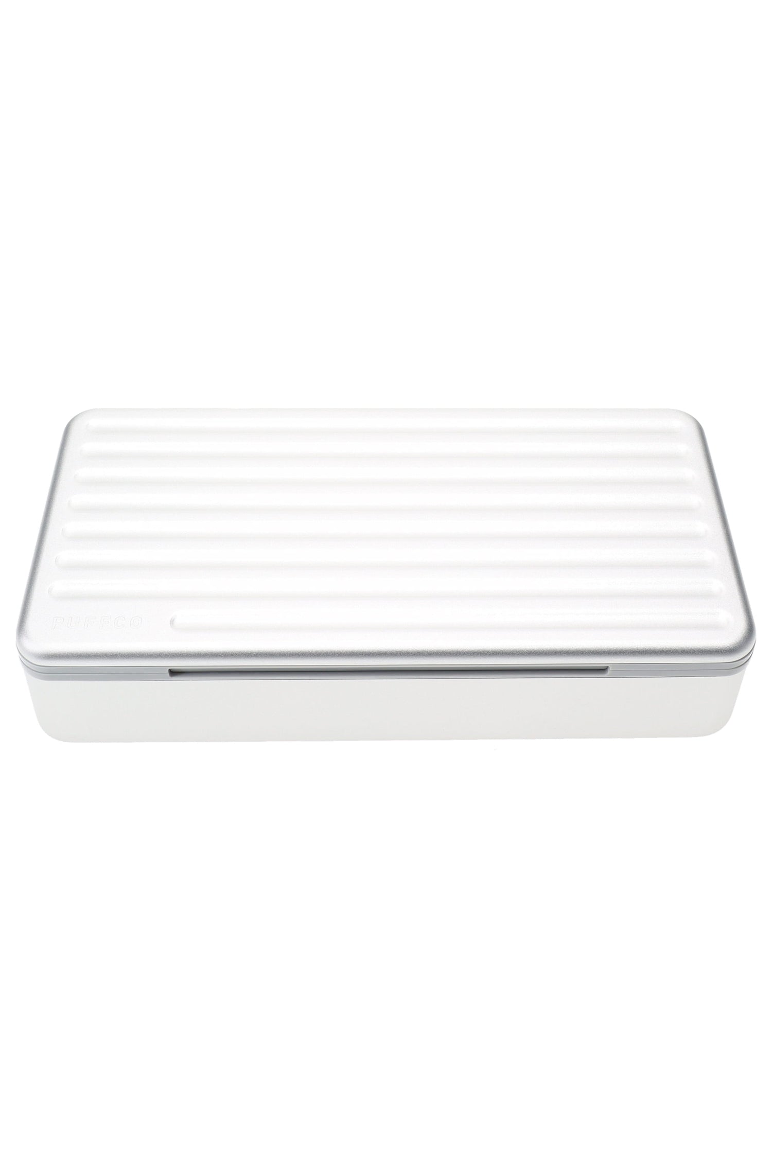 Closed Puffco Pivot travel case in Pearl, ribbed aluminum lid and slim profile shown on a white background.