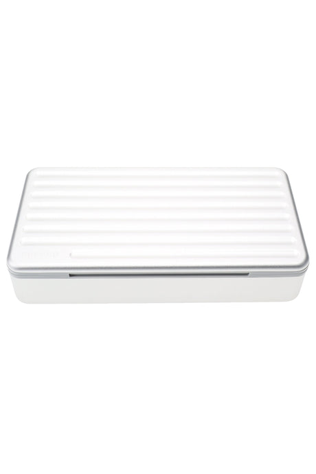 Closed Puffco Pivot travel case in Pearl, ribbed aluminum lid and slim profile shown on a white background.