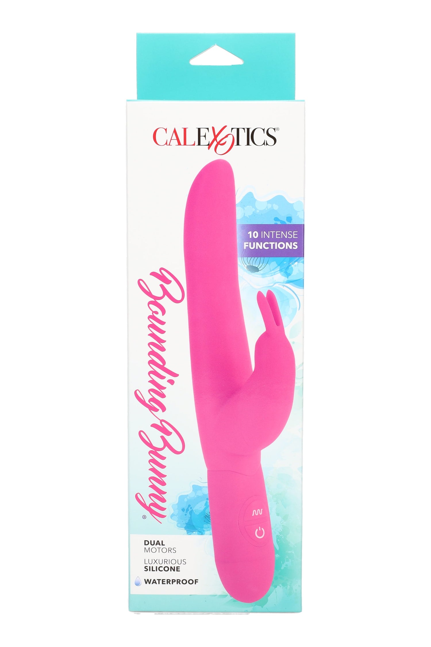Pink Bounding Bunny silicone rabbit vibrator in retail box; 10 functions, dual motors, waterproof with long shaft and flexible bunny tickler.