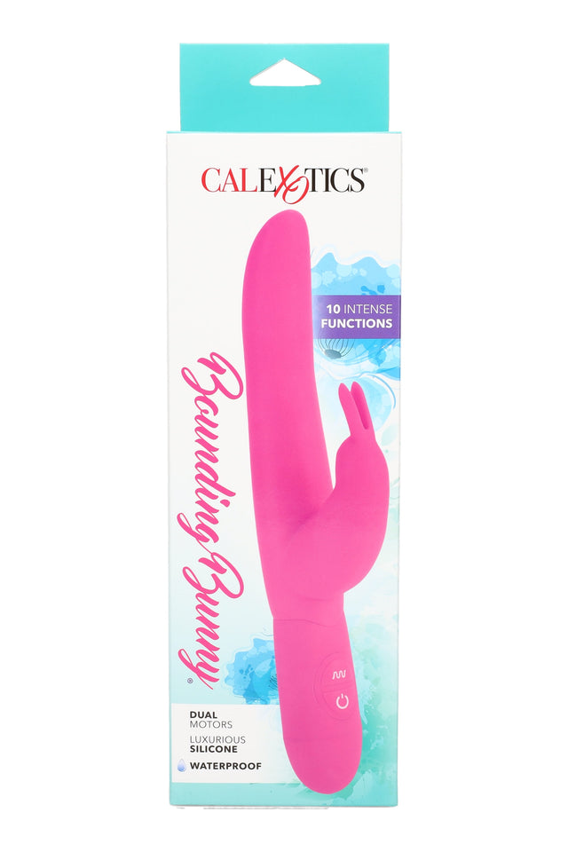 Pink Bounding Bunny silicone rabbit vibrator in retail box; 10 functions, dual motors, waterproof with long shaft and flexible bunny tickler.