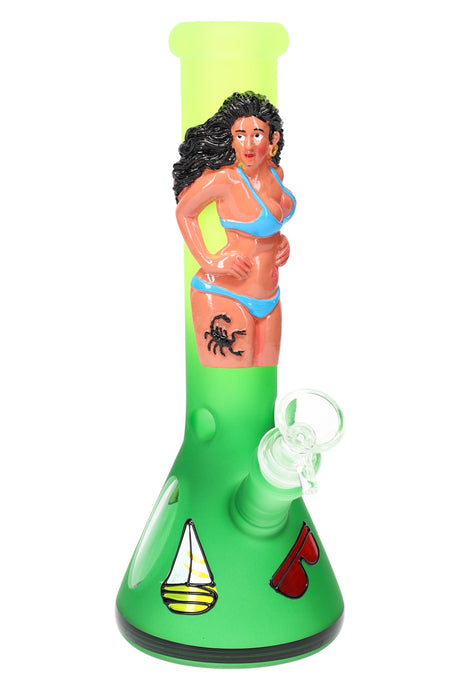 Neon green 10″ frosted beaker bong with blue-bikini figure, ice pinch, and beaker base with nautical decals.