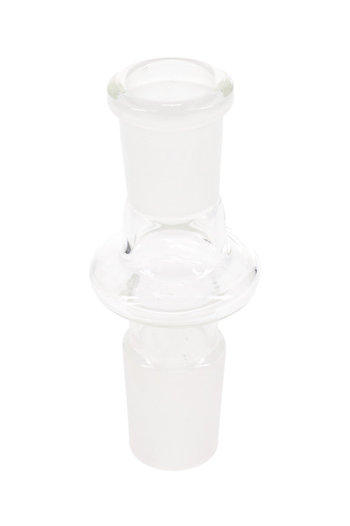 Clear glass step-down adapter with 18.8 mm male bottom and 14.5 mm female top joints for GoG water pipes and accessories.