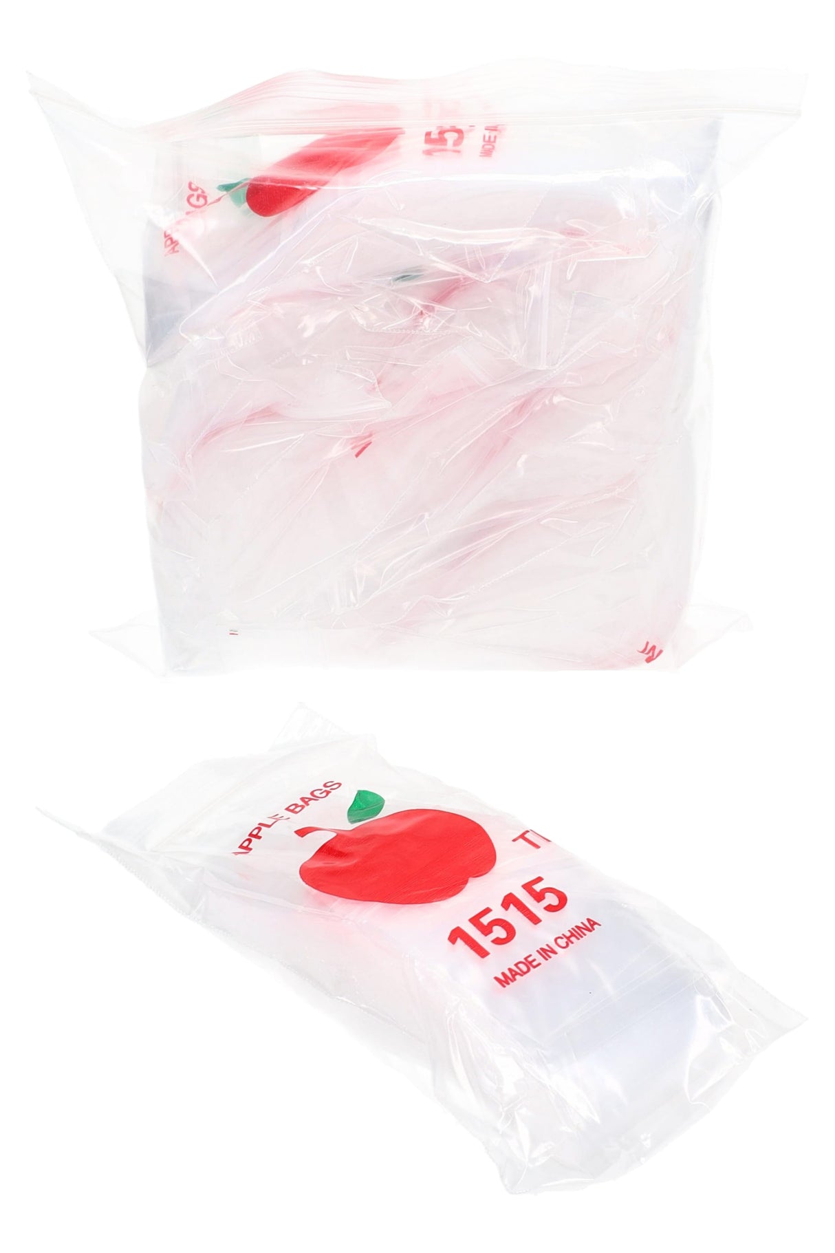 Bulk bundle of Apple Bags 15×15 zipper baggies shown inside a resealable storage pouch for convenient transport