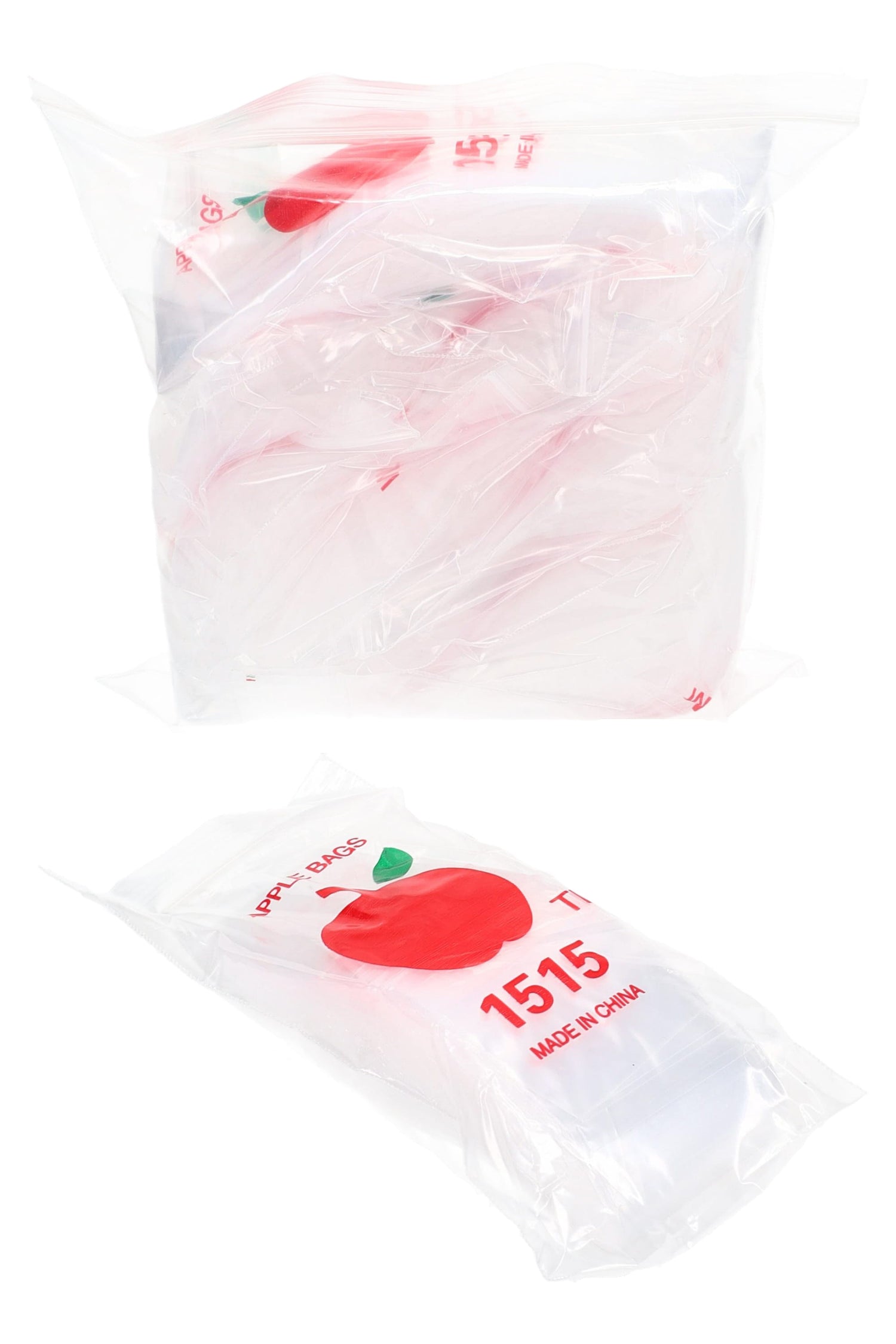 Bulk bundle of Apple Bags 15×15 zipper baggies shown inside a resealable storage pouch for convenient transport
