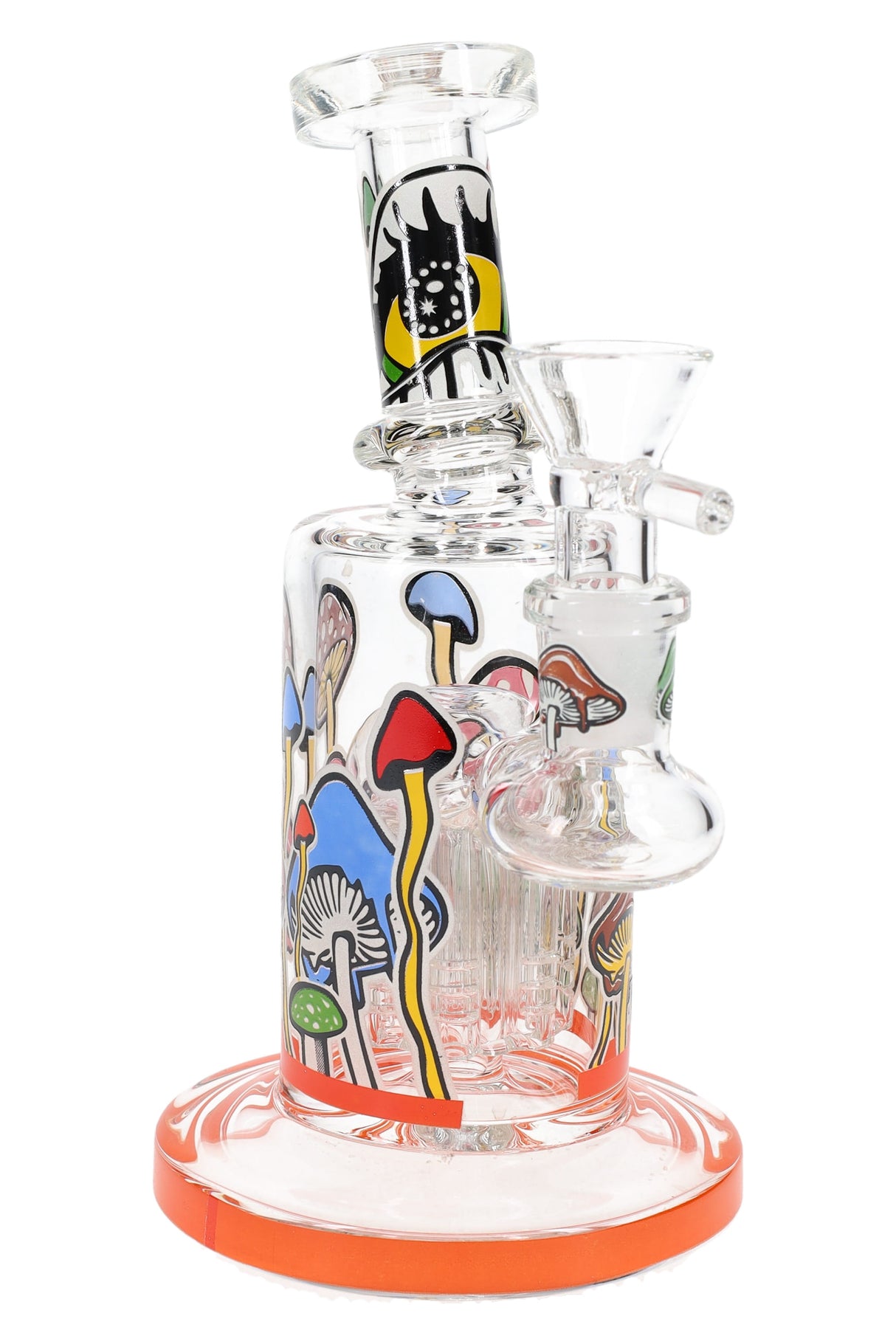 Orange-rim 6.5″ mushroom bong with tree perc, tall cap-and-stem graphics wrapping the chamber, angled neck.