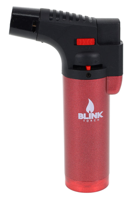 Blink Dual Metal butane torch lighter in metallic red with straight barrel, lock slider and adjustable flame dial.