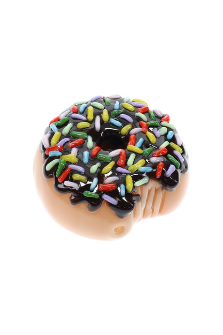 US-made glass donut hand pipe with glossy chocolate glaze and raised rainbow sprinkles, donut-shaped body for easy grip.