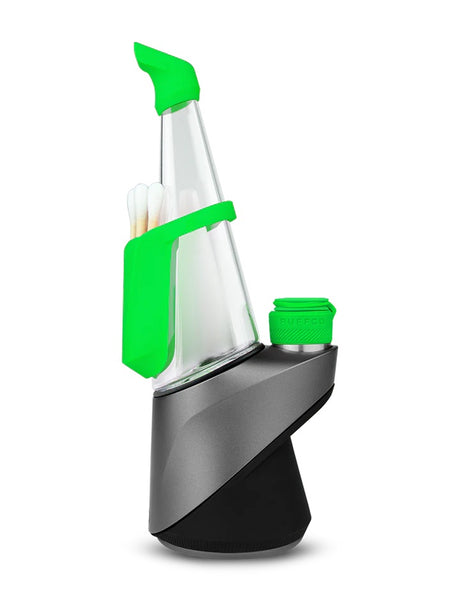 Green Peak Pro Travel Pack fitted, highlighting silicone mouthpiece, side backpack, and tethered carb cap setup.