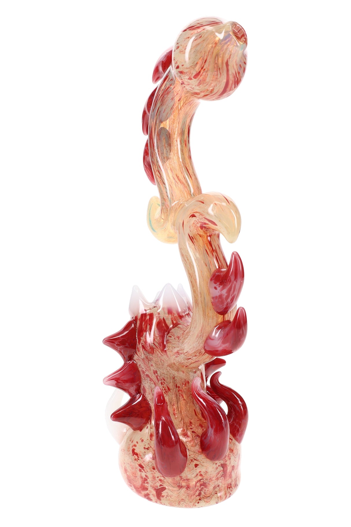 Rear view of spiked silver-fumed glass sherlock bubbler showing curved mouthpiece and flame-like red accents, approximately 9″ tall.