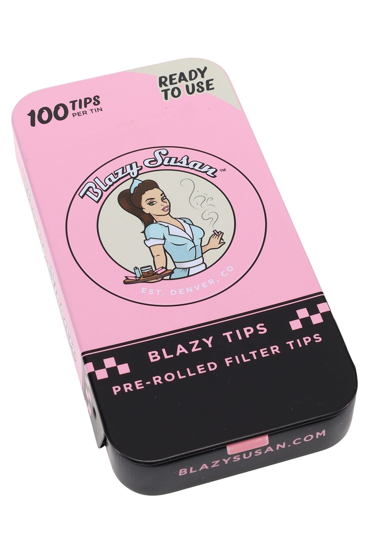 Angled shot of the pink Blazy Susan 100-tip tin for pre-rolled filter tips, reusable case with retro logo and black lid.
