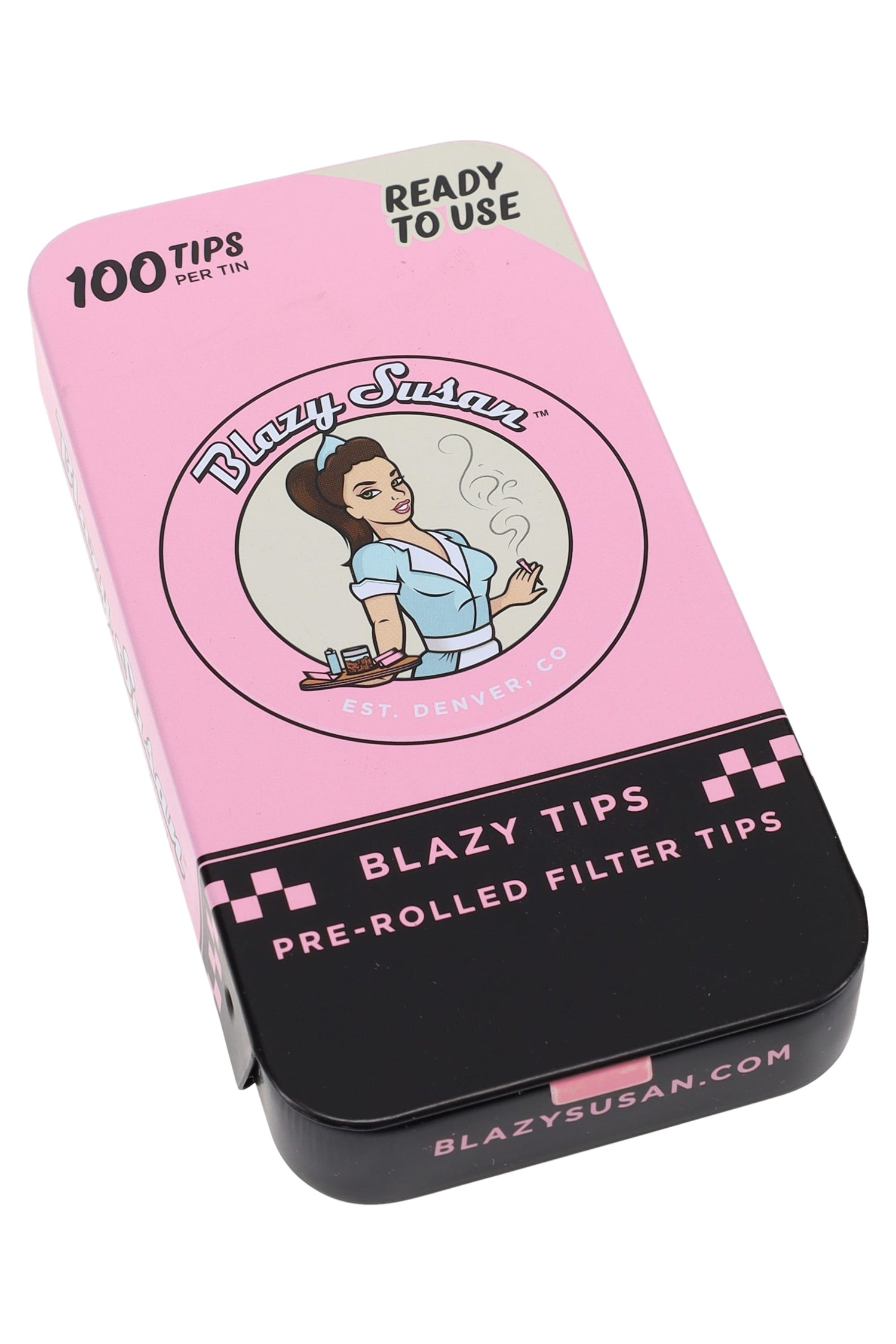 Angled shot of the pink Blazy Susan 100-tip tin for pre-rolled filter tips, reusable case with retro logo and black lid.