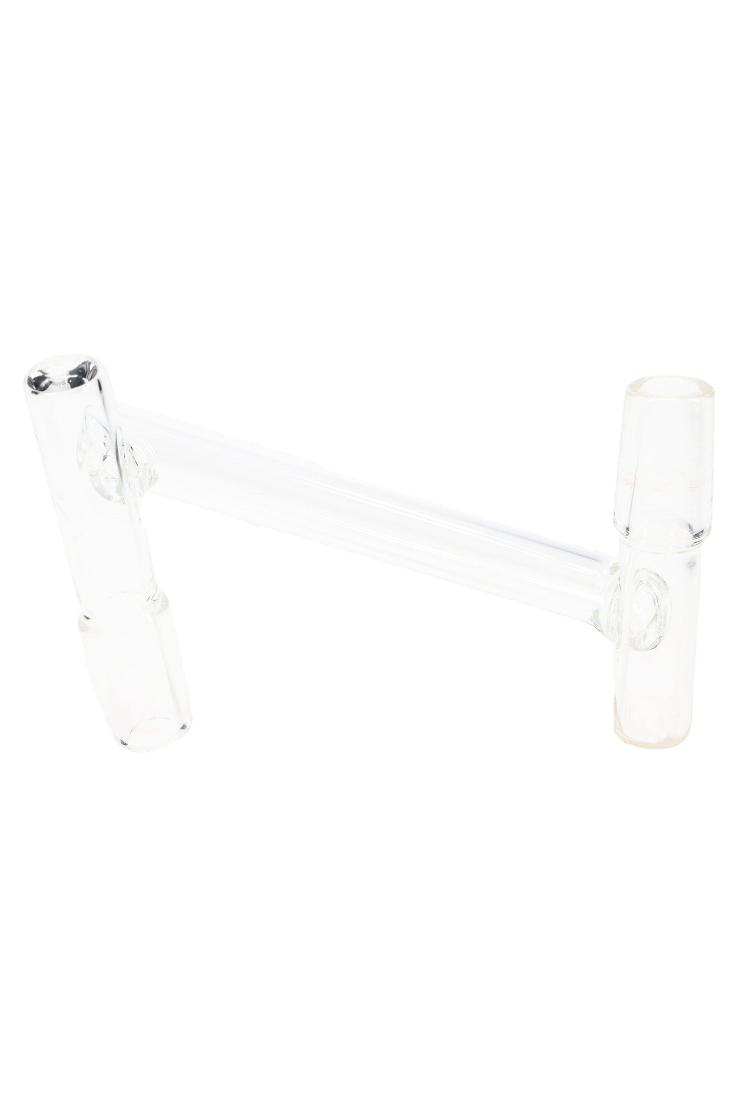 Clear drop-down sidecar glass adapter with two 14.5 mm male joints connected by an offset tube, angled on a white background.