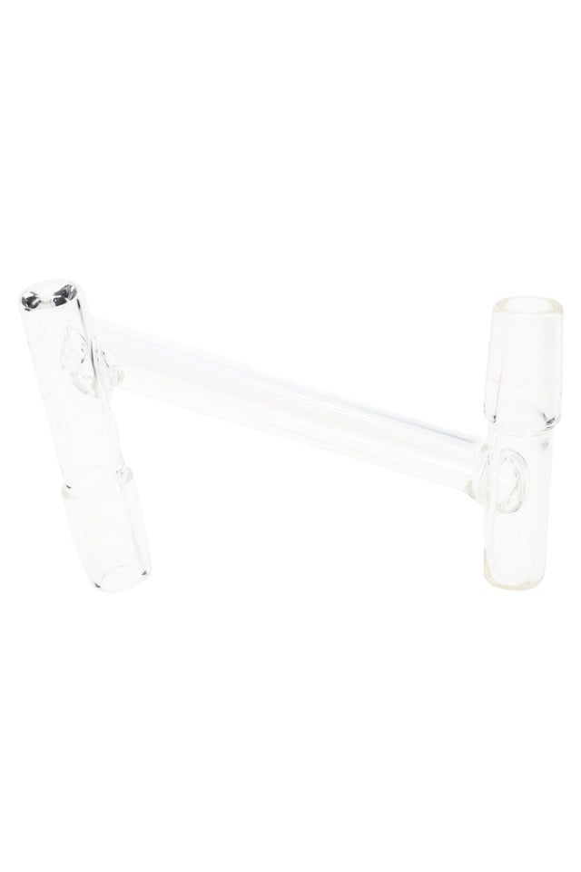 Clear drop-down sidecar glass adapter with two 14.5 mm male joints connected by an offset tube, angled on a white background.