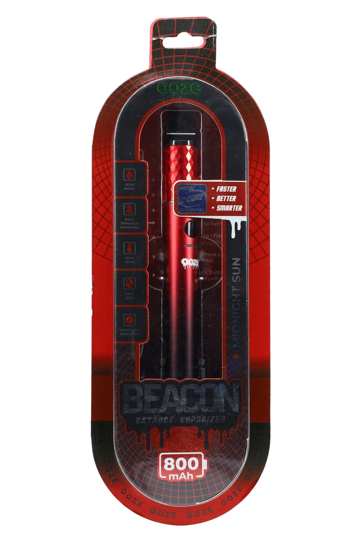 Midnight Sun red Ooze Beacon 800 mAh extract vaporizer showing feature icons, flex temp and sesh mode, sealed retail blister packaging.