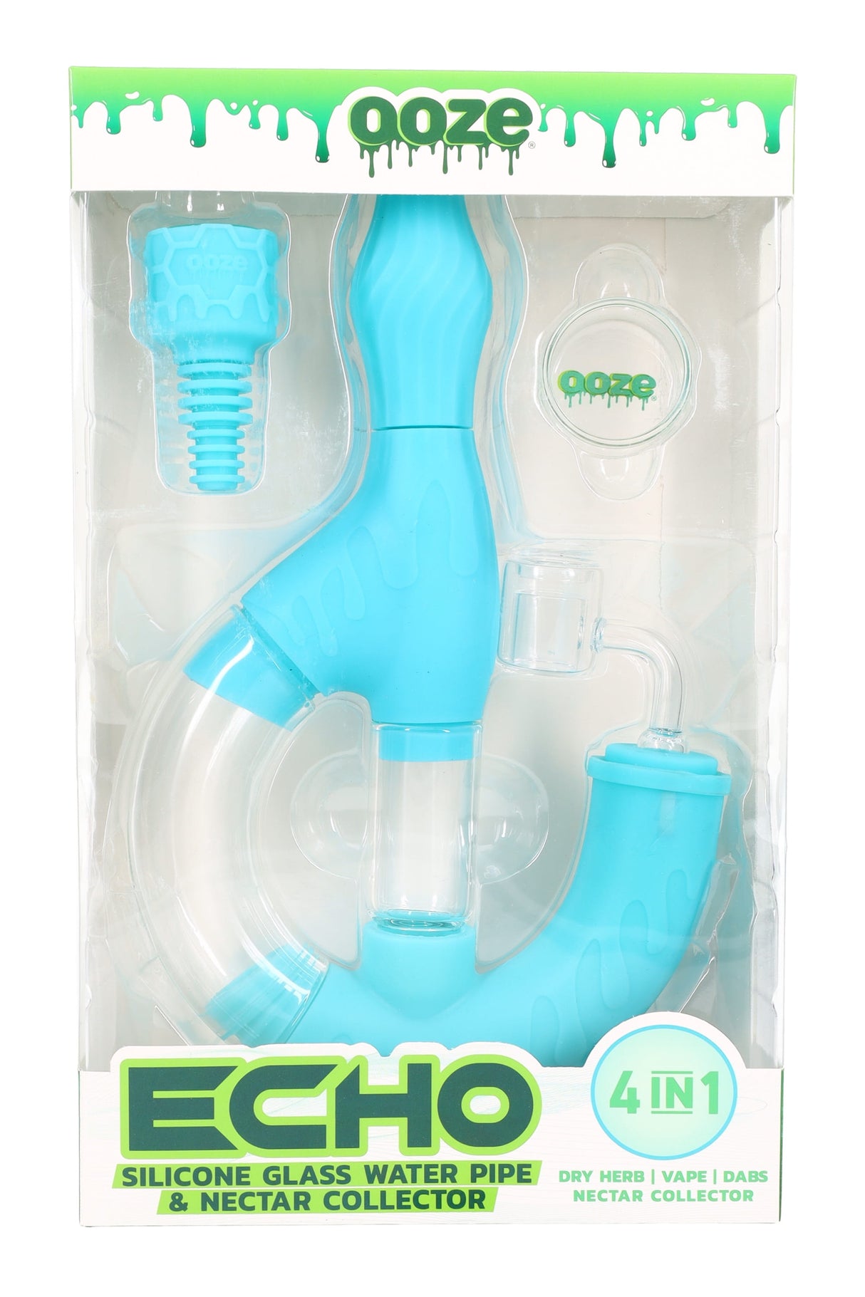 Blue Ooze “Echo” 4-in-1 silicone glass water pipe kit in retail box, showing 14 mm female joint, quartz banger, and glass jar.