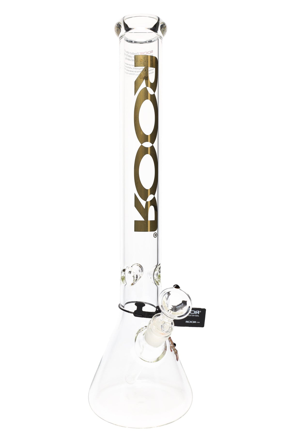 Clear ROOR 18-inch beaker bong with metallic gold ROOR logo, glass-on-glass downstem and bowl, triple ice pinch.