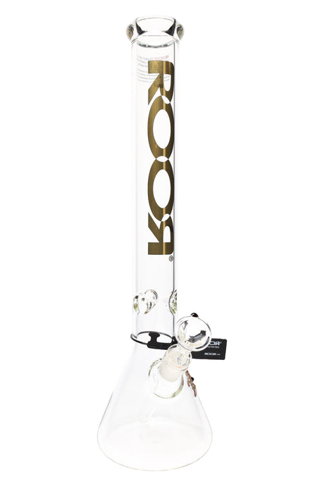 Clear ROOR 18-inch beaker bong with metallic gold ROOR logo, glass-on-glass downstem and bowl, triple ice pinch.