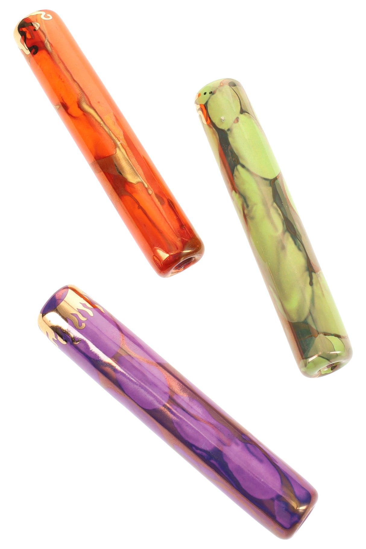 US-made 3-inch ceramic one-hitter bats in vibrant colors with glossy glaze and gold drip accents, compact chillum design.