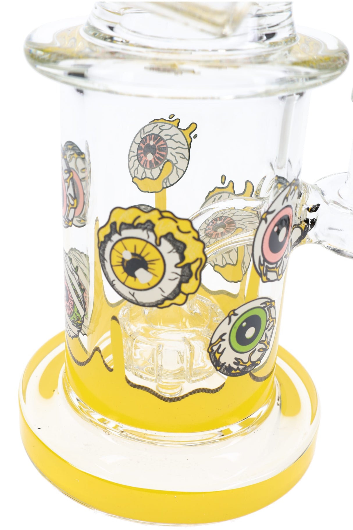 Close-up of yellow eyeball decal sidecar bong showing showerhead percolator inside the clear cylindrical chamber, 5.5″.