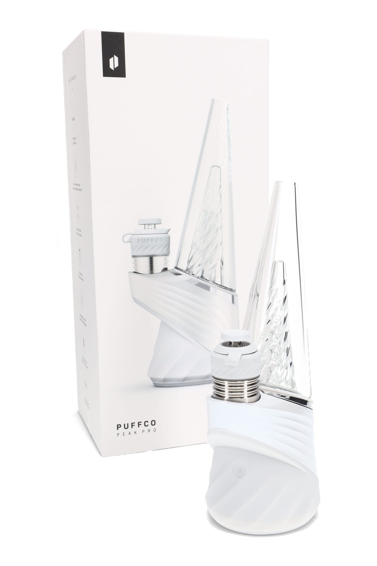 Puffco New Peak Pro 3DXL in Pearl next to retail box, clear cone glass with laser-cut perc slots and joystick carb cap.