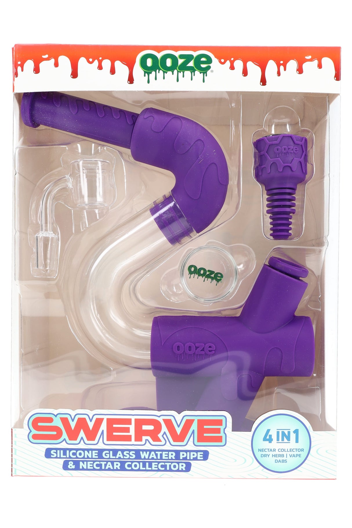 Purple Ooze “Swerve” 4-in-1 silicone glass water pipe in retail box, showing quartz banger, nectar tip, and storage jar.