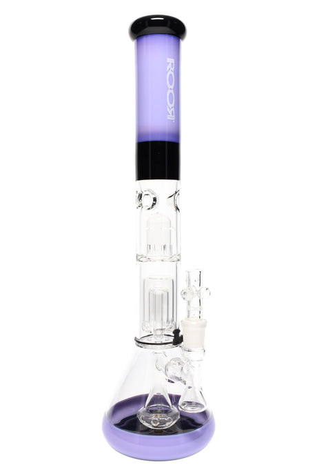Multicolor ROOR Tech 18″ beaker bong with stemless 18.8 mm joint, dome, barrel and showerhead percs, ice pinch, purple mouthpiece and matching base accents.