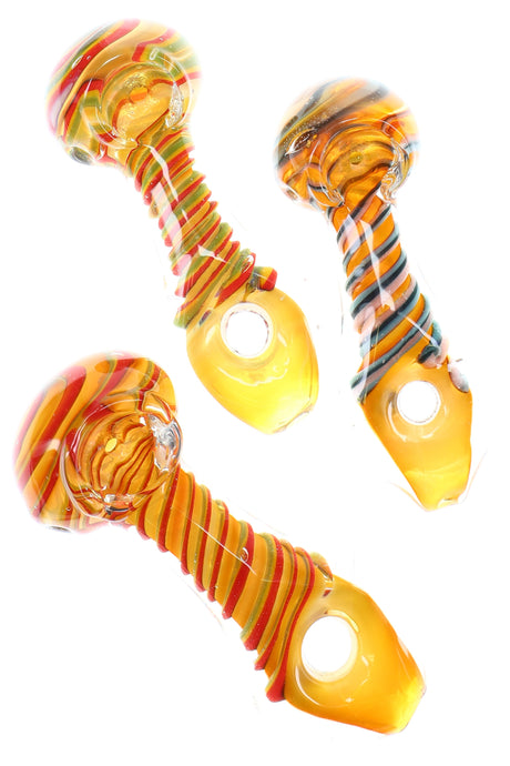 4″ gold-fumed glass hand pipe with donut-hole grip and spiral stripes; compact spoon for dry herb in assorted colors.