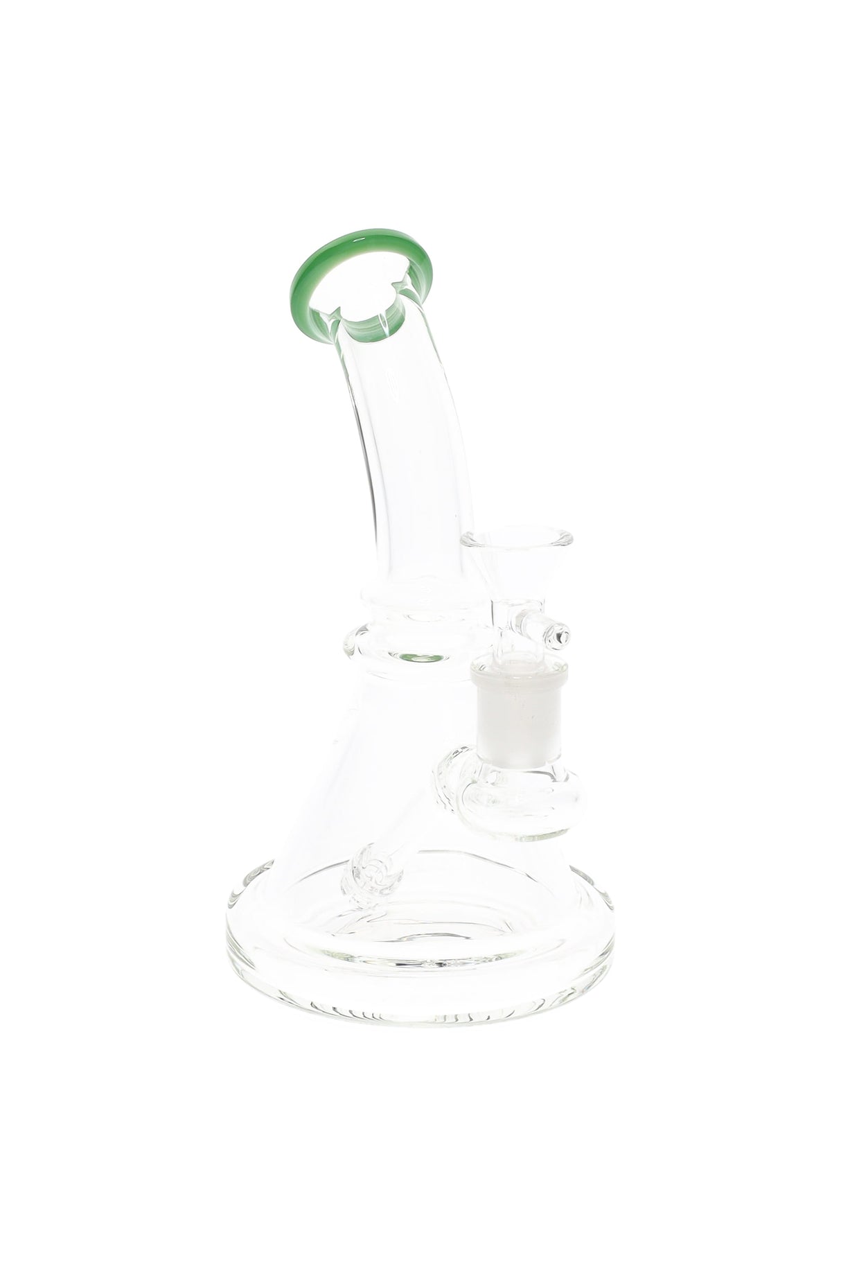 Green-rim clear glass beaker bong with curved mouthpiece, matrix stem, and compact 7½-inch body