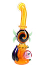 Amber gold-fumed beaker bubbler about 10″ tall with reversal swirl medallion, horn spikes, marble accents, and a curved splash-reducing mouthpiece.
