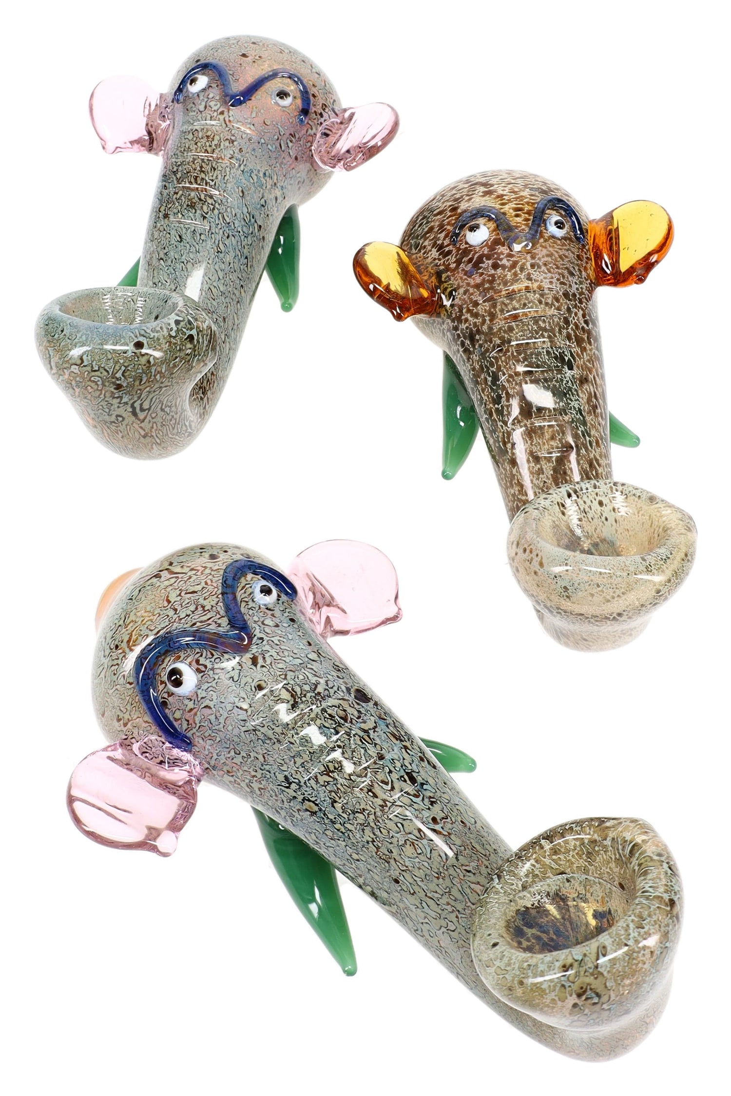 Silver-fumed glass elephant hand pipe with trunk mouthpiece, deep spoon bowl and colored ears – assorted colors.