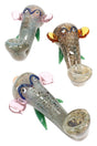 Silver-fumed glass elephant hand pipe with trunk mouthpiece, deep spoon bowl and colored ears – assorted colors.
